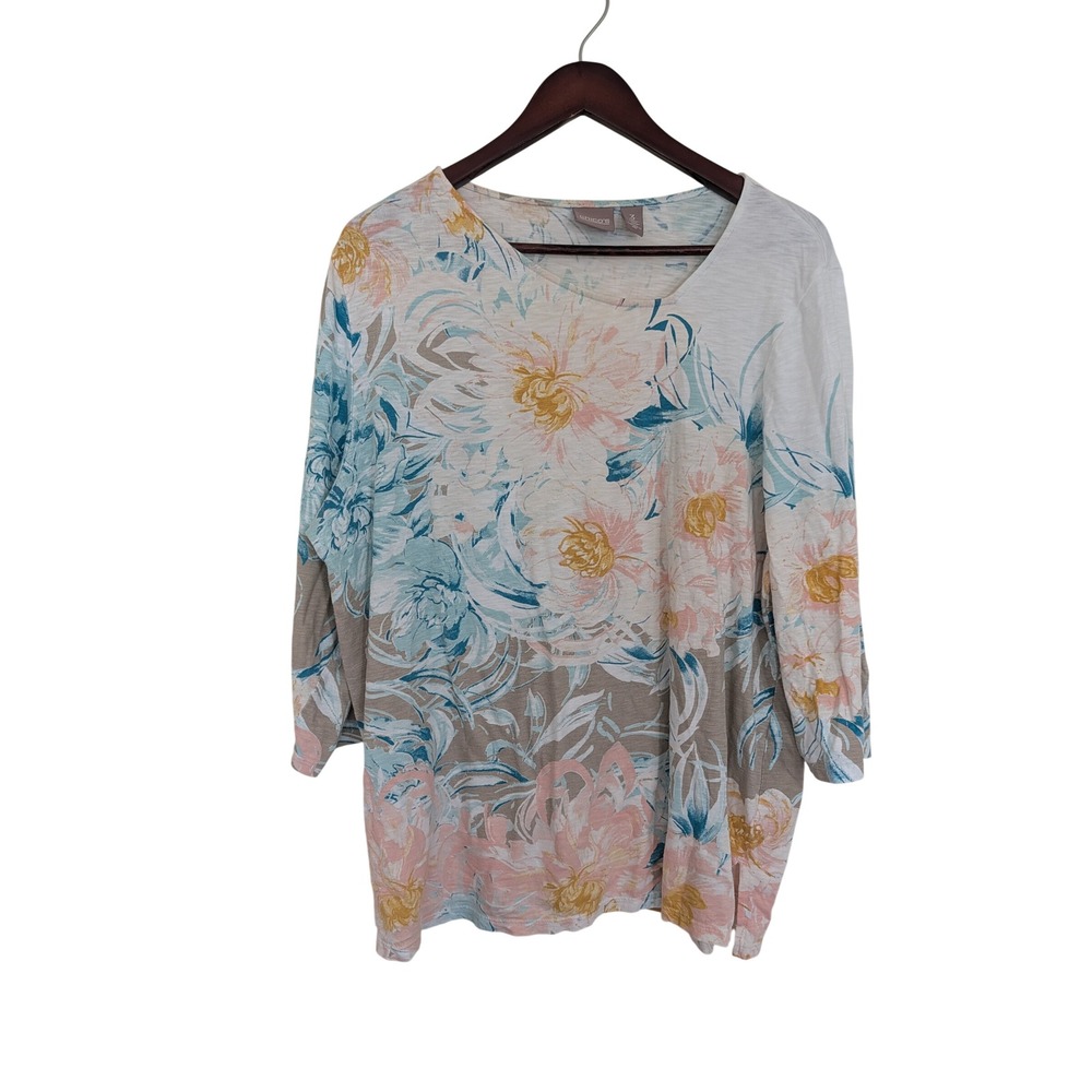 Chico's Golden Autumn Top Watercolor Floral Pastel Boho Cotton Knit Size 3/XL